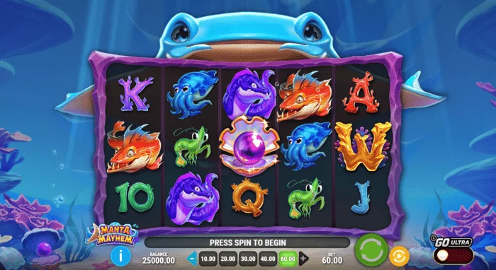 Manta Mayhem - skrin permainan menampilkan gelendong dan pari manta